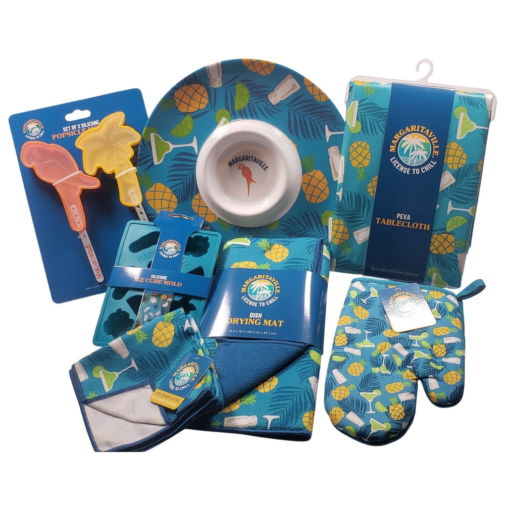 Margaritaville NEW 7pc Kitchen Set Tablecloth Mat Ice & Popsicle Molds Dip Tray